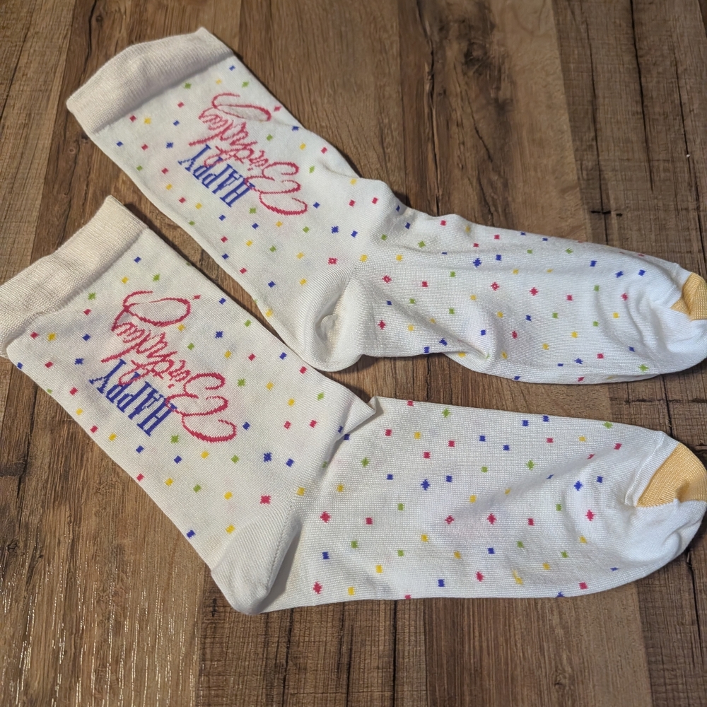 White 'Birthday' Crew Socks with Multicolor Confetti